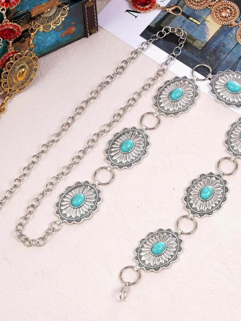 Turquoise Western Concho Chain Belt for Women Cowgirl Cowboy Metal Waist Link Ch - Picture 4 of 6